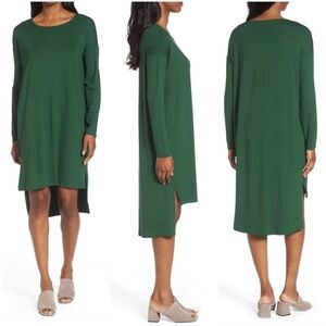 Eileen Fisher Long Sleeve High Low Shift Dress Dropped Shoulders Green Large